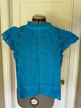Eyelet Ruffled Mock Neck Top in Turquoise